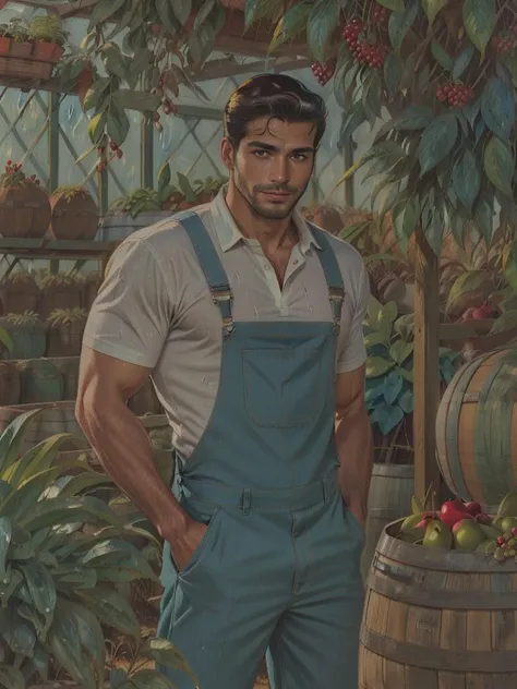 realistic,masterpiece,intricate details,detailed background,depth of field,cinematic,bara,muscular,pectorals,photo of a handsome (latino man),wearing naked overalls,farming,crops,plants,greenhouse,barrels,bushels of fruits and vegetables,sunlight,(smile:0.7),wet shirt,sweaty,looking at viewer,(ROMANCECOMICS VINTAGE COLOR COMICS),male,bara,mature,facial hair,<lora:romancecomics03:1>,