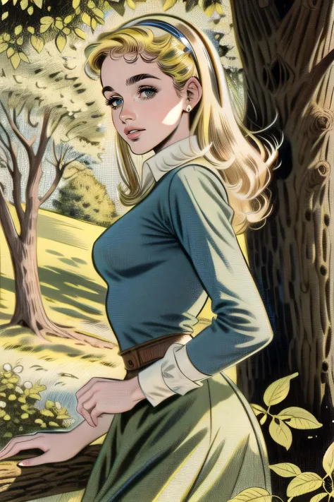 Masterpiece, best quality, hi res, 8k, hi res, 8k, award winning , (sharp focus, intricate, highly detailed) <lora:romancecomics03:1> romancecomics, drawing of a woman in nature, vintage color comics