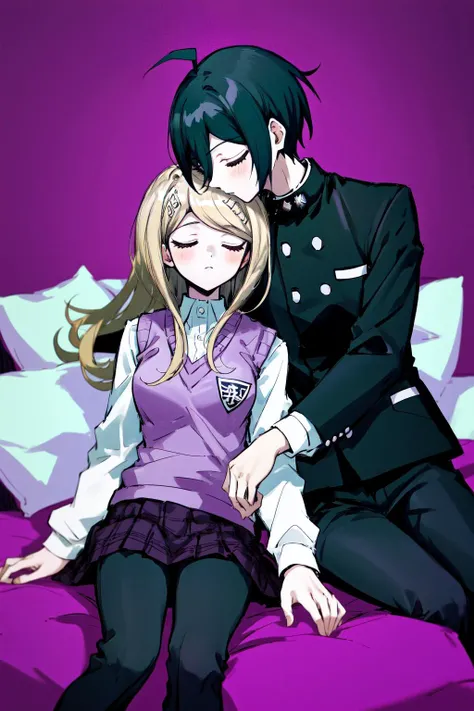 masterpiece, best quality, highres, 1boy shuichi jacket black pants, 1girl kaede sweater vest purple skirt white shirt <lora:shuichi_kaede:1> sitting, sleeping on person