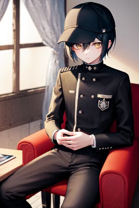 masterpiece, best quality, highres, 1boy shuichi jacket black pants <lora:shuichi_kaede:1> sitting on chair, looking at viewer, hat, black headwear