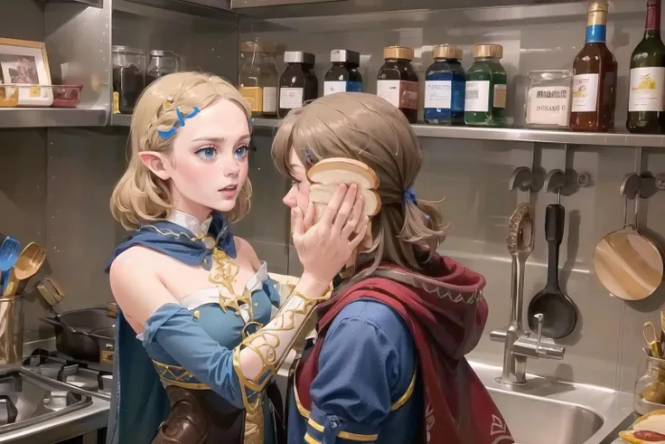 Highly detailed, High Quality, Masterpiece, beautiful, IdiotSandwichP1, <lora:IdiotSandwichP1:0.8>, 1girl, 1boy, kitchen,  <lora:Link&Zelda:0.8>, strapless, cape