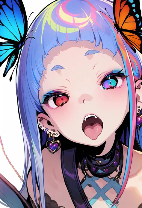masterpiece, best quality, <lora:DohnaXL_V1:1>
1girl, tongue, solo, bug, butterfly, tongue out, piercing, open mouth, white background, long hair, ear piercing, blue hair, red eyes, simple background, multicolored hair, streaked hair, teeth, tongue piercing, portrait, eyelashes, jewelry, multicolored eyes, earrings, bangs, tattoo