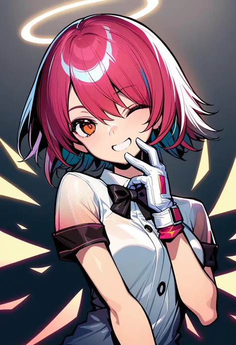 masterpiece,best quality,<lora:DohnaXL_V1:1>,best lighting and shadow,stunning color,radiant tones,ultra-detailed,amazing illustration,an extremely delicate and beautiful,exusiai (arknights),1girl,halo,solo,red hair,gloves,smile,one eye closed,white gloves,short hair,upper body,looking at viewer,short sleeves,wings,bowtie,bow,gradient background,see-through,orange eyes,black bow,black bowtie,gradient,detached wings,energy wings,grey background,shirt,white shirt,grin,official alternate costume,bangs,alternate costume,