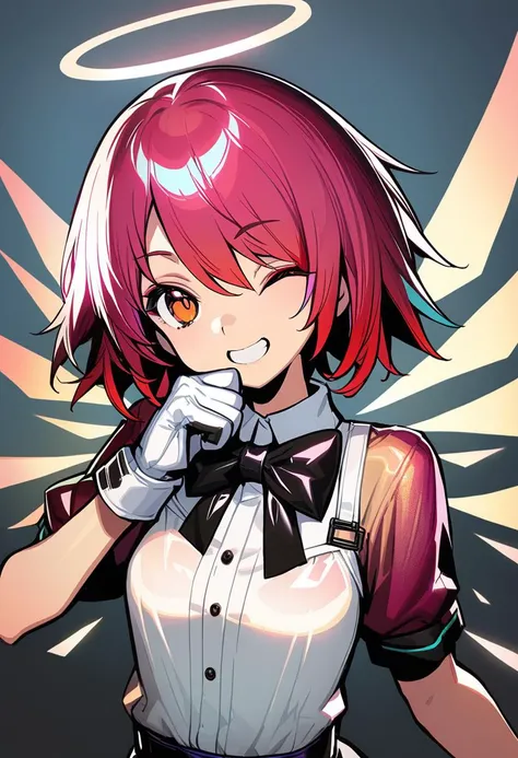 masterpiece,best quality,<lora:DohnaXL_V1:1>,best lighting and shadow,stunning color,radiant tones,ultra-detailed,amazing illustration,an extremely delicate and beautiful,exusiai (arknights),1girl,halo,solo,red hair,gloves,smile,one eye closed,white gloves,short hair,upper body,looking at viewer,short sleeves,wings,bowtie,bow,gradient background,see-through,orange eyes,black bow,black bowtie,gradient,detached wings,energy wings,grey background,shirt,white shirt,grin,official alternate costume,bangs,alternate costume,
