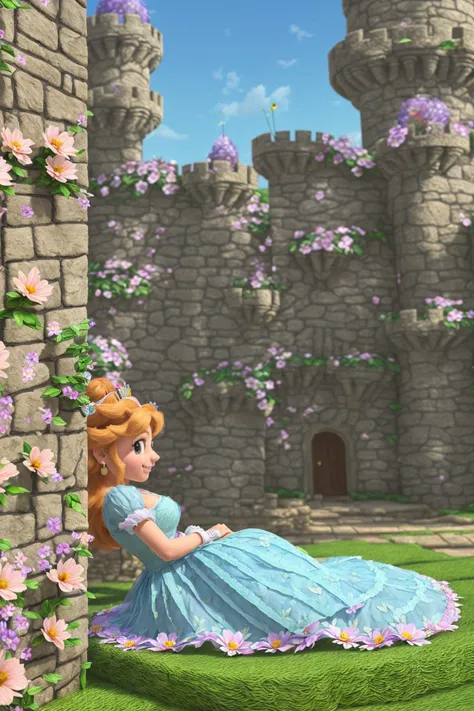 masterpiece, ultra-detailed, best quality, illustration, 8k cg wallpaper, an extremely delicate and beautiful, 1girl, Princess Peach /(Super Mario Bros/), solo, perfect anatomy, smiling, blushing, perfect arms, perfect hands, perfect fingers, perfect legs, cute, pretty, beautiful, sexy, perfect body, (background: castle courtyard, grass, trees, flowers, gate, intricately detailed items in background), <lora:YWW:0.7>