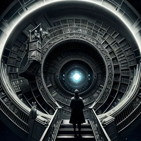 staring up into the infinite maelstrom library, endless books, flying books, spiral staircases, nebula, ominous, cinematic atmosphere, negative dark mode, mc escher, art by senseijaye, matrix atmosphere, digital code swirling, matte painting
