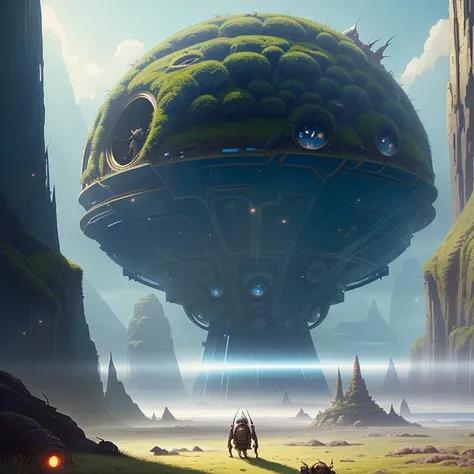a big beetle walking on blue grass, skittering bugs everywhere, alien landscape, fantasy, The Hobbit Style, landscape, dreamlike, overhead view, landscape, sci-fi, epic composition, futuristic, by Ridley Scott, hyper realistic, from another world, by Abigail Larson, by Hubert Robert, by Chesley Bonestell