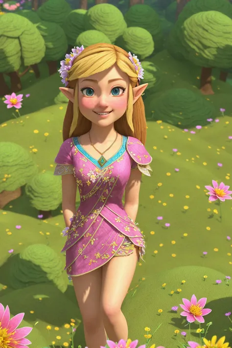 masterpiece, ultra-detailed, best quality, illustration, 8k cg wallpaper, an extremely delicate and beautiful, 1girl, Princess Zelda /(The Legend of Zelda/), solo, perfect anatomy, smiling, blushing, perfect arms, perfect hands, perfect fingers, perfect legs, cute, pretty, beautiful, sexy, perfect body, (background: flowery field, grass, trees, flowers, ruins, intricately detailed items in background), <lora:YWW:0.9>