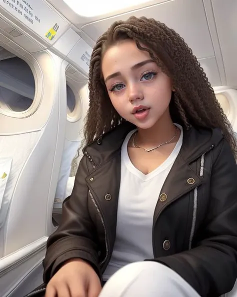 hyperrealistic art fullbody shot, whole body, 1 (mulatto:1.4) girl , (sitting spreading your knees:1.1),((one hand behind your head):1.5),((mastubating):1.5), half dressed, jaket open, small brest out, in the cabin of the aircraft
(white passengers are sitting, passengers look at the girl:1.6), awaitingtongue . extremely high-resolution details, photographic, Ultra-precise depiction, Ultra-detailed depiction, realism pushed to extreme, fine texture, incredibly lifelike