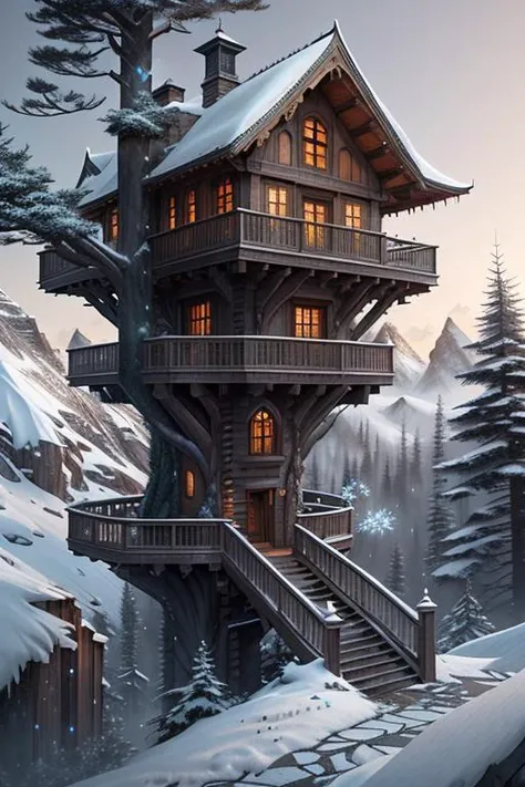 A tree house, on snow mountain, clear weather, 3D realistic, octane render, 4K, professional ominous concept art, by artgerm and greg rutkowski, an intricate, elegant, highly detailed digital painting, concept art, smooth, sharp focus, illustration, in the style of simon stalenhag, wayne barlowe, and igor kieryluk.