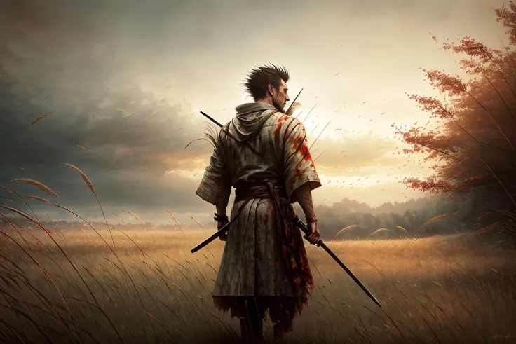 a lone ronin in bloody torn robe walking in the rain, bare feet, from behind, (long sword), wavy (tall grass:1.2), sunset, [messy hair], full body, dramatic, backlit, volumetric lighting, (highly detailed:1.2), painting, bloom <hypernet:LuisapAbstract_abstractVersion:0.5>