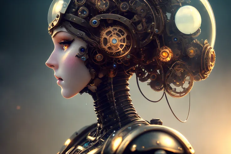 steampunk, machine wastes with a beautiful doll lying, wearing (mechanical gears:1.2), [emb-rrf2], Style-Glass, full body, wide shot, dramatic, backlit, subsurface scattering, realistic face, (detailed face), (highly detailed:1.2), painting, photo realistic