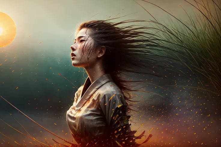 a lone female ronin in bloody yukata dancing in the rain, bare feet, wet, from behind, (long sword), wavy (tall grass:1.2), sunset, [messy hair], full body, dramatic, backlit, volumetric lighting, (detailed face), (highly detailed:1.2), painting, bloom <hypernet:LuisapAbstract_abstractVersion:0.6>