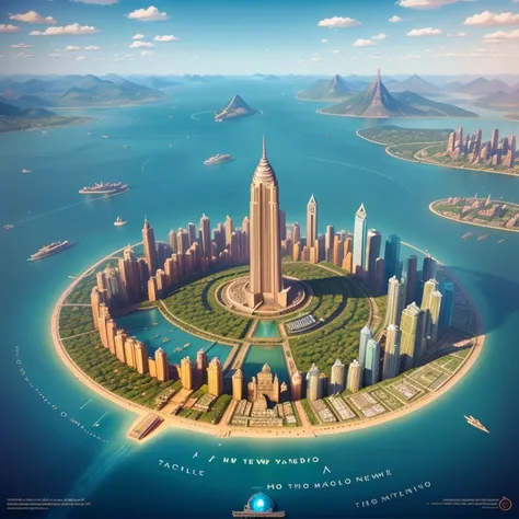 a city in the middle of a large body of water, escape from new york, c4d, photography, by Wes Anderson, aerial view, fantasy, Lord of the Rings style, detailed landscape, wonderland, by Sebastiao Salgado