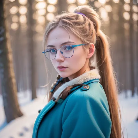 (masterpiece:1.4), (best quality:1.4) (1 girl), long hair, ponytail, glasses, coat, open clothes, [winter forest], massive breasts, (blue eyes:0.9), nipple showing, photography, over-the-shoulder shot, iphone x, bokeh, studio quality, by Alex Maleev, by Steve McCurry