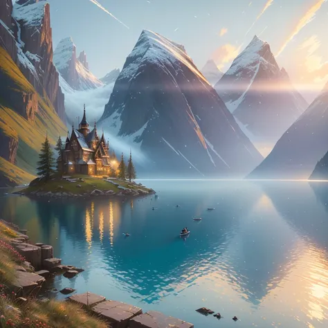 modelshoot style, (extremely detailed CG unity 8k wallpaper), full shot body photo of the most beautiful artwork in the world, majestic nordic fjord with a fairy tale castle, professional majestic oil painting by Ed Blinkey, Atey Ghailan, Studio Ghibli, by Jeremy Mann, Greg Manchess, Antonio Moro, trending on ArtStation, trending on CGSociety, Intricate, High Detail, Sharp focus, dramatic, photorealistic painting art by midjourney and greg rutkowski