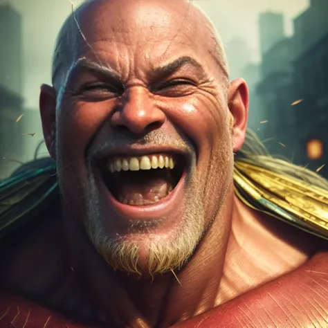 a portrait of a laughing, toxic, muscle, god, elder, epic realistic, faded, (((hdr))), hyperdetailed, cinematic, warm lights, intricate details, muscle