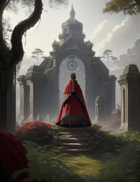 Style-Empire epic mountain and coastline background, award winning closeup portrait photo of a (Countess:1.3),wearing an intricate baroque dress (red cloak:1.2), black french braid hair, (Crypt:1.3) and dense forest in background, dark and scary, large bushes in foreground, (Crypt:1.3) overgrown with jungle plants in background, (backlighting:1.2), bloom, (light sparkles:1.2), chromatic aberration, (lens flare:1.2), sharp focus, majestic oil painting by Ed Blinkey, Atey Ghailan, Studio Ghibli, by Jeremy Mann, Greg Manchess, Antonio Moro, trending on ArtStation, trending on CGSociety, Intricate, High Detail, Sharp focus, dramatic, photorealistic painting art by midjourney and greg rutkowski, Style-Renaissance