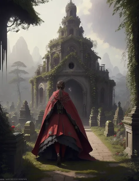 Style-Empire epic mountain and coastline background, award winning closeup portrait photo of a (Countess:1.3),wearing an intricate baroque dress (red cloak:1.2), black french braid hair, (Crypt:1.3) and dense forest in background, dark and scary, large bushes in foreground, (Crypt:1.3) overgrown with jungle plants in background, (backlighting:1.2), bloom, (light sparkles:1.2), chromatic aberration, (lens flare:1.2), sharp focus, majestic oil painting by Ed Blinkey, Atey Ghailan, Studio Ghibli, by Jeremy Mann, Greg Manchess, Antonio Moro, trending on ArtStation, trending on CGSociety, Intricate, High Detail, Sharp focus, dramatic, photorealistic painting art by midjourney and greg rutkowski, Style-Renaissance