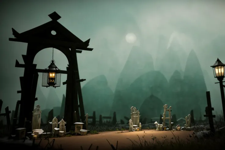 masterpiece, ultra-detailed, best quality, illustration, 8k cg wallpaper, an extremely delicate and beautiful, stunning landscape, graveyard, gravestones, dirt path, lanterns, candles, intricately detailed items in background, <lora:NeverAlone:1>