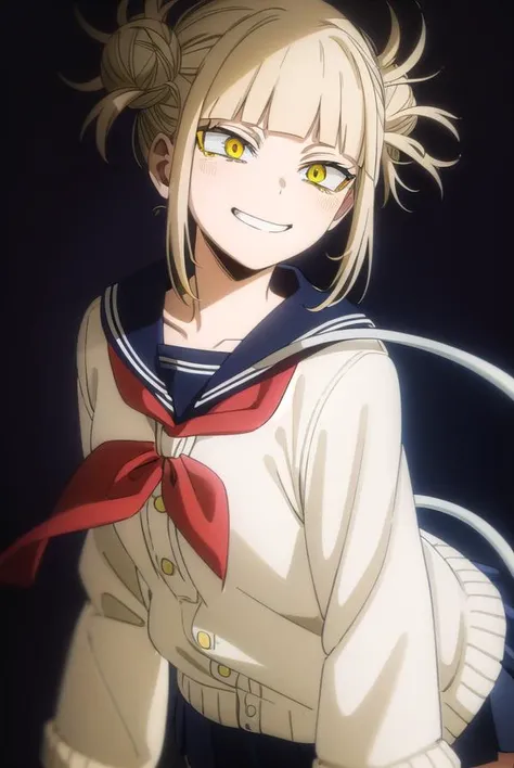 togahimiko, <lora:himiko toga s5-lora-nochekaiser:1>,
himiko toga, (toga himiko:1.2), bangs, blonde hair, (yellow eyes:1.5), blunt bangs, hair bun, double bun, messy hair, smile, grin, teeth,
BREAK skirt, long sleeves, school uniform, pleated skirt, shoes, serafuku, socks, sailor collar, blue skirt, neckerchief, kneehighs, brown footwear, cardigan, black socks, loafers, red neckerchief, yellow cardigan,
BREAK indoors, classroom,
BREAK looking at viewer, (cowboy shot:1.5),
BREAK <lyco:GoodHands-beta2:1>, (masterpiece:1.2), best quality, high resolution, unity 8k wallpaper, (illustration:0.8), (beautiful detailed eyes:1.6), extremely detailed face, perfect lighting, extremely detailed CG, (perfect hands, perfect anatomy),