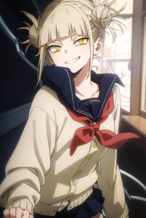 togahimiko, <lora:himiko toga s5-lora-nochekaiser:1>,
himiko toga, (toga himiko:1.2), bangs, blonde hair, (yellow eyes:1.5), blunt bangs, hair bun, double bun, messy hair, smile, grin, teeth,
BREAK skirt, long sleeves, school uniform, pleated skirt, shoes, serafuku, socks, sailor collar, blue skirt, neckerchief, kneehighs, brown footwear, cardigan, black socks, loafers, red neckerchief, yellow cardigan,
BREAK indoors, classroom,
BREAK looking at viewer, (cowboy shot:1.5),
BREAK <lyco:GoodHands-beta2:1>, (masterpiece:1.2), best quality, high resolution, unity 8k wallpaper, (illustration:0.8), (beautiful detailed eyes:1.6), extremely detailed face, perfect lighting, extremely detailed CG, (perfect hands, perfect anatomy),