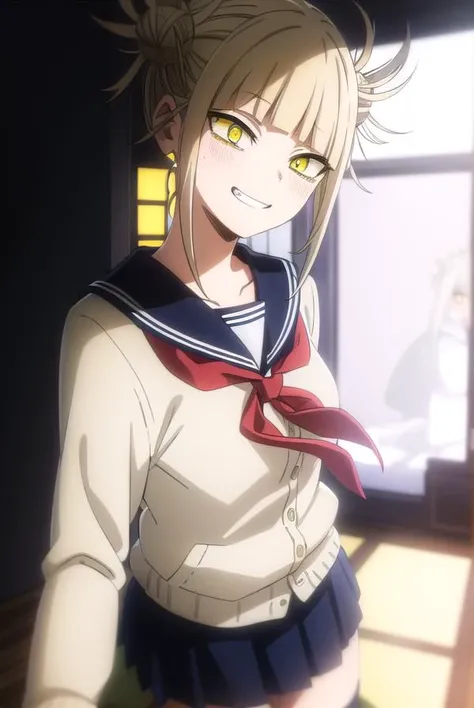 togahimiko, <lora:himiko toga s5-lora-nochekaiser:1>,
himiko toga, (toga himiko:1.2), bangs, blonde hair, (yellow eyes:1.5), blunt bangs, hair bun, double bun, messy hair, smile, grin, teeth,
BREAK skirt, long sleeves, school uniform, pleated skirt, shoes, serafuku, socks, sailor collar, blue skirt, neckerchief, kneehighs, brown footwear, cardigan, black socks, loafers, red neckerchief, yellow cardigan,
BREAK indoors, classroom,
BREAK looking at viewer, (cowboy shot:1.5),
BREAK <lyco:GoodHands-beta2:1>, (masterpiece:1.2), best quality, high resolution, unity 8k wallpaper, (illustration:0.8), (beautiful detailed eyes:1.6), extremely detailed face, perfect lighting, extremely detailed CG, (perfect hands, perfect anatomy),