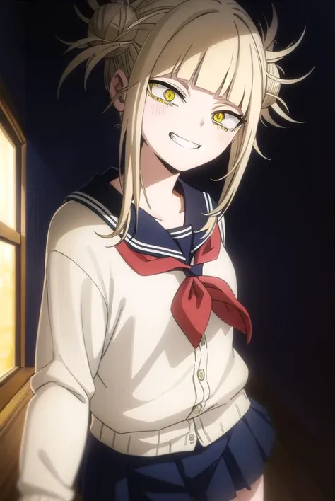 togahimiko, <lora:himiko toga s5-lora-nochekaiser:1>,
himiko toga, (toga himiko:1.2), bangs, blonde hair, (yellow eyes:1.5), blunt bangs, hair bun, double bun, messy hair, smile, grin, teeth,
BREAK skirt, long sleeves, school uniform, pleated skirt, shoes, serafuku, socks, sailor collar, blue skirt, neckerchief, kneehighs, brown footwear, cardigan, black socks, loafers, red neckerchief, yellow cardigan,
BREAK indoors, classroom,
BREAK looking at viewer, (cowboy shot:1.5),
BREAK <lyco:GoodHands-beta2:1>, (masterpiece:1.2), best quality, high resolution, unity 8k wallpaper, (illustration:0.8), (beautiful detailed eyes:1.6), extremely detailed face, perfect lighting, extremely detailed CG, (perfect hands, perfect anatomy),