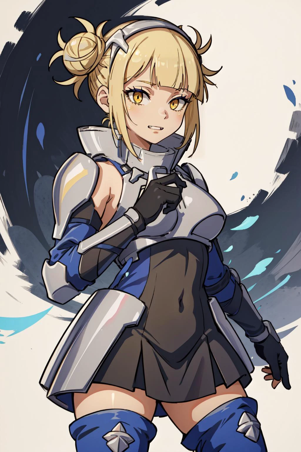 (masterpiece, best quality), intricate details,
1girl, <lora:togatest:0.8> himiko toga, blonde hair, blunt bangs, double bun, eyebrows hidden by hair, eyeliner, hair bun, makeup, messy hair, (yellow eyes:1.5), fangs, narrow eyes, <lora:aiztest:0.8>armor, black gloves, blue footwear, blue thighhighs, boots, breastplate, covered navel, dress, gauntlets, gloves, headgear, knee pads, long sleeves, multicolored clothes, multicolored dress, taut clothes, taut dress, thigh boots, thighhighs,,