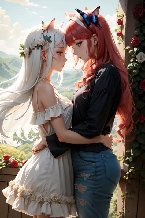 2 persons, ((2girls)), long hair, cat ears, cozy, red hair AND white hair, shiny clothes, shiny hair, masterpiece, intricate details, detailed, extreme details, outdoors, flower on hair, roses, butterfly, freckles, vibrant colors,
<lora:HugsLoraV1.0-000001:1> HugsAI