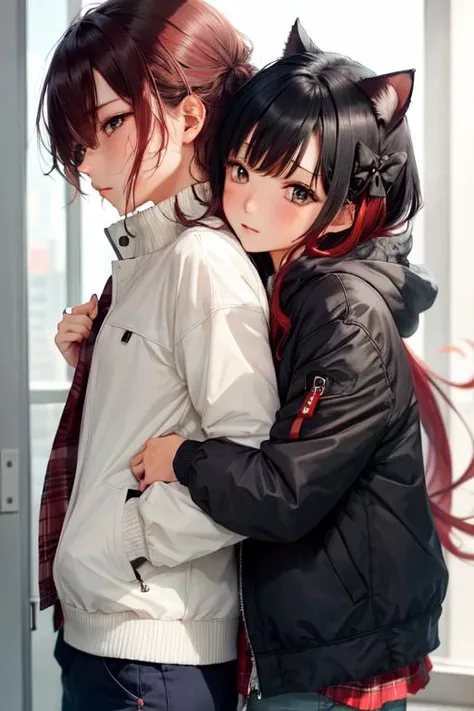 2persons, ((1 girl, 1boy)), long hair, cat ears, cozy, jacket, red hair AND black hair,
<lora:HugsLoraV1.0-000001:1> HugsAI