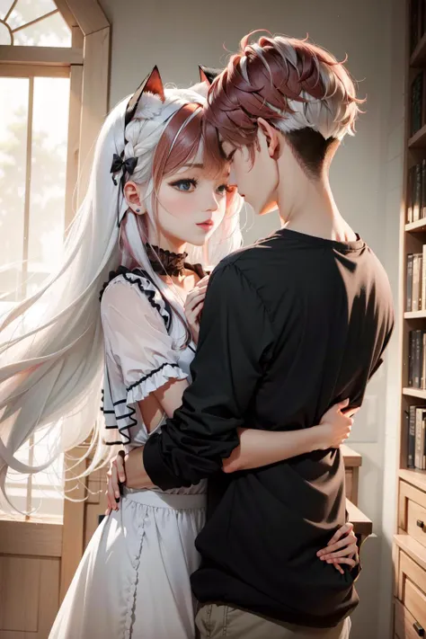 2 persons, ((1 girl, 1boy)), long hair, cat ears, cozy, red hair AND white hair, 
<lora:HugsLoraV1.0-000003:1> HugsAI