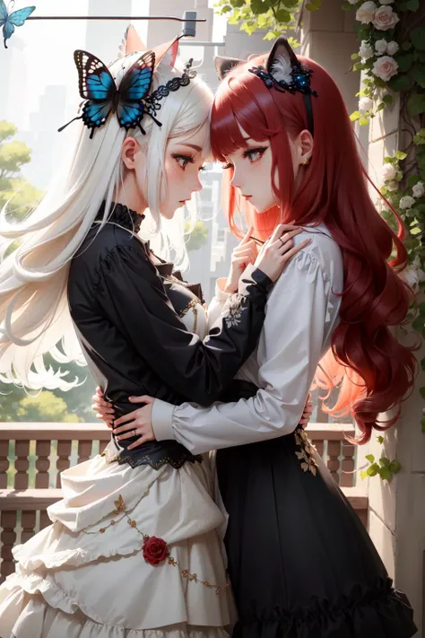 2 persons, ((2girls)), long hair, cat ears, cozy, red hair AND white hair, shiny clothes, shiny hair, masterpiece, intricate details, detailed, extreme details, outdoors, flower on hair, roses, butterfly, freckles, vibrant colors,
<lora:HugsLoraV1.0-000001:1> HugsAI
