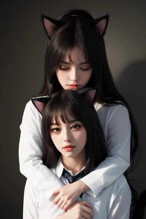 Best quality, masterpiece, ultra high res, raw photo, beautiful and aesthetic,deep shadow, dark theme,(photorealistic:1.4), ((2girls, long hair, cat ears, white shirt, tie, cozy, kissing))
<lora:HugsLoraV1.0-000001:1> HugsAI