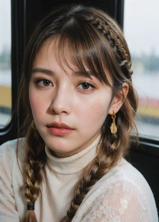raw photo, (Polaroid photos, photos that look like they were taken with a Polaroid camera:1.1),
Water drops on window, heavy rain outside, Strong fluorescent light, sitting woman, 25 yo, (bangs hair:1.2), (gold leaf hair, braid hair:1.36),faint lips, cowboy shot, front view, wear a turtleneck , in the train, rural landscape, window, on seat, her peaceful expression and gentle breathing create a calming atmosphere,, natural skin texture, hyperrealism, hdr, hyperdetailed, RAW photo, photorealistic, best quality, highres, realistic, 8k, caustics, dynamic light, beautiful and delicate lips, delicate fingers, detailed pupil, real human skin,