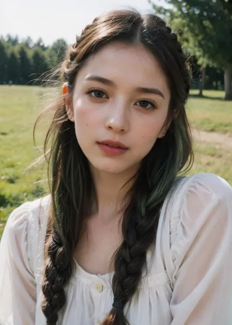 (Polaroid photos, photos that look like they were taken with a Polaroid camera:1.1), raw photo, wind, forest ray light, Alisabelle, (to8contrast style), (Woman:1), (pale green hair,  braid bunches hair:1.36), flowing honeyed ginger locks, piercing green eyes, vintage-inspired dress, soft colors, delicate lace, classic elegance. Swing: wooden, rustic, gentle sway, carefree twists and turns. Countryside house: Dakota, vast fields, classic old USA feel, warm sunshine, gentle breeze, peaceful serenity. Photographs: stunning blend of vintage charm and natural beauty, timeless elegance, rustic simplicity, reminiscent of simpler times, carefree spirit, warm and peaceful, classic Americana. NaturalHand2-3500, natural skin texture, hyperrealism, hdr, hyperdetailed, RAW photo, photorealistic, best quality, highres, realistic, 8k, caustics, dynamic light, beautiful and delicate lips, delicate fingers, detailed pupil, real human skin,