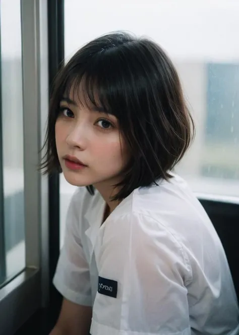 raw photo, (Polaroid photos, photos that look like they were taken with a Polaroid camera:1.1),
Water drops on window, heavy rain outside, Strong fluorescent light, sitting woman, 25 yo, (bangs hair:1.2), (desaturated hair, extra short hair:1.36),faint lips, cowboy shot, front view, wear a miniskirt nurse costume , in the train, rural landscape, window, on seat, her peaceful expression and gentle breathing create a calming atmosphere,, natural skin texture, hyperrealism, hdr, hyperdetailed, RAW photo, photorealistic, best quality, highres, realistic, 8k, caustics, dynamic light, beautiful and delicate lips, delicate fingers, detailed pupil, real human skin,