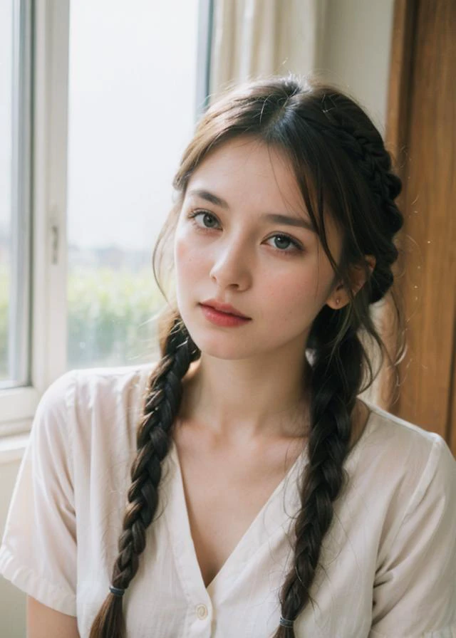(Polaroid photos, photos that look like they were taken with a Polaroid camera:1.1), raw photo, wind, forest ray light, Alisabelle, (to8contrast style), (Woman:1), (pale green hair, side braid hair:1.36), flowing honeyed ginger locks, piercing green eyes, vintage-inspired dress, soft colors, delicate lace, classic elegance. Swing: wooden, rustic, gentle sway, carefree twists and turns. Countryside house: Dakota, vast fields, classic old USA feel, warm sunshine, gentle breeze, peaceful serenity. Photographs: stunning blend of vintage charm and natural beauty, timeless elegance, rustic simplicity, reminiscent of simpler times, carefree spirit, warm and peaceful, classic Americana. NaturalHand2-3500, natural skin texture, hyperrealism, hdr, hyperdetailed, RAW photo, photorealistic, best quality, highres, realistic, 8k, caustics, dynamic light, beautiful and delicate lips, delicate fingers, detailed pupil, real human skin,