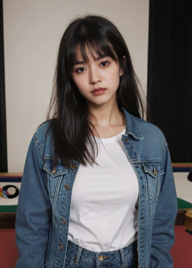 (Polaroid photos, photos that look like they were taken with a Polaroid camera:1.1), raw photo, a photograph of North Korean 1girl, (wear a denim, jacket, denim jacket, pants, shirt, looking at viewer, jeans, white shirt, long sleeves, black jacket, bangs:1.3), bored, sweat, small breasts, sunshine, day light,
(CMYK hair, hair intakes hair:1.36), front view, shiny skin
in the (billiard :1.4),
summer,
noon, natural skin texture, hyperrealism, hdr, hyperdetailed, RAW photo, photorealistic, best quality, highres, realistic, 8k, caustics, dynamic light, beautiful and delicate lips, delicate fingers, detailed pupil, real human skin,