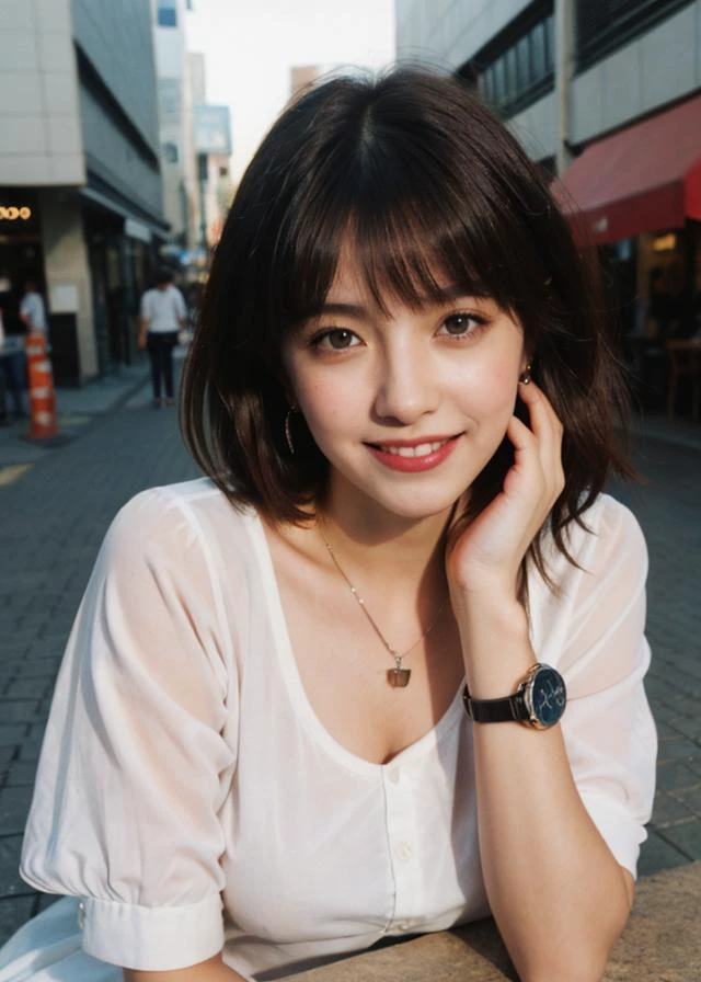raw photo, (Polaroid photos, photos that look like they were taken with a Polaroid camera:1.1),
high-quality and detailed face, perfect face, (upper body:1.2),
a photograph 1girl, gigantic breasts, wear a maid apron , (grin:1.1), volumetric light, soft focus, (beautiful face,cute, pretty, beautiful woman:1.3)
outdoors, day light, ( brown Jinx hair:1.3), (freckles:0.5), (dark mole:0.3), grain, depth of field, soft lights, muted colors, sunshade, (wear a open blouse:1.3), wear a wristwatch, earrings, necklace,
Backgrounds in the ginza city, (in sidewalk cafe:1.3), sidewalk cafe, sitting on chair, in front of the table, shop, intersection, road, buildingin the background, pedestrian bridge, day light, table, glass water, cappuccino coffee, laptop on table, Detailed and well-documented background, many other customers, journal, natural skin texture, hyperrealism, hdr, hyperdetailed, RAW photo, photorealistic, best quality, highres, realistic, 8k, caustics, dynamic light, beautiful and delicate lips, delicate fingers, detailed pupil, real human skin,