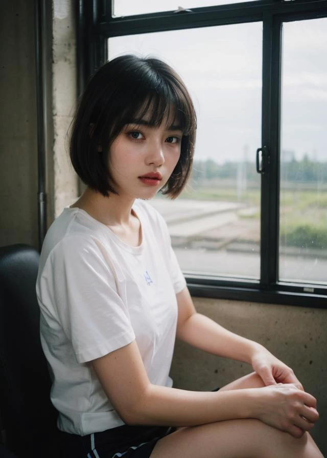 (Polaroid photos, photos that look like they were taken with a Polaroid camera:1.1), Water drops on window, heavy rain outside, Strong fluorescent light, sitting woman, 25 yo, (bangs hair:1.2), (iridescence hair, short hair:1.36),faint lips, cowboy shot, front view, wear a gym uniform , in the train, rural landscape, window, on seat, natural skin texture, hyperrealism, hdr, hyperdetailed, RAW photo, photorealistic, best quality, highres, realistic, 8k, caustics, dynamic light, beautiful and delicate lips, delicate fingers, detailed pupil, real human skin,
