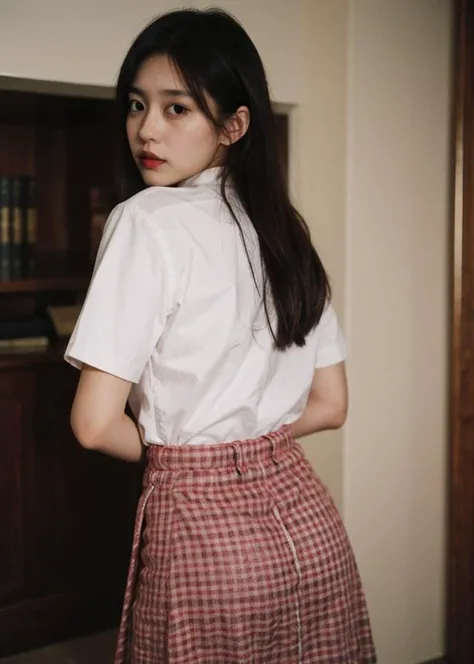 detailed,8k, detailed shadow, looking at viewer, white shirt, short sleeve, plaid, skirt, plaid skirt, handbag, blurry background ,(masterpiece,best quality), ,(arms_behind_back), black eyes, cute expression,