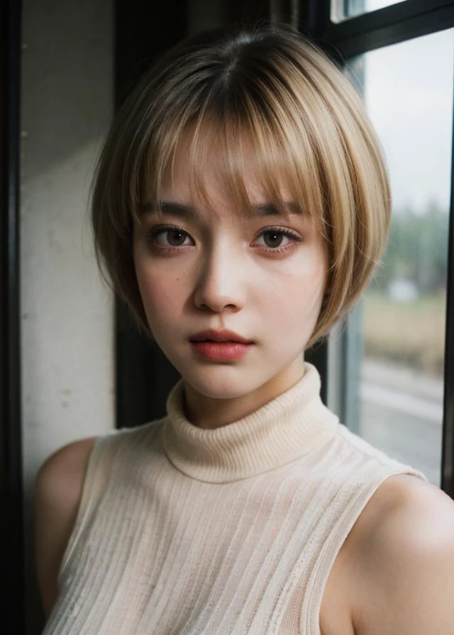 Water drops on window, heavy rain outside, Strong fluorescent light, sitting woman, 25 yo, (bangs hair:1.2), (blond hair, pixie cut hair:1.36),faint lips, cowboy shot, front view, wear a turtleneck , in the train, rural landscape, window, on seat, her peaceful expression and gentle breathing create a calming atmosphere,, natural skin texture, hyperrealism, hdr, hyperdetailed, RAW photo, photorealistic, best quality, highres, realistic, 8k, caustics, dynamic light, beautiful and delicate lips, delicate fingers, detailed pupil, real human skin,