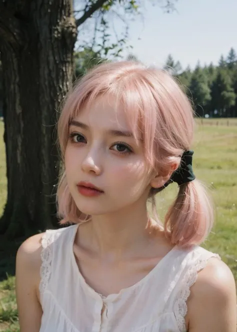upper body, wind, forest ray light, Alisabelle, (to8contrast style), (Woman:1), (pastel pink hair, low twintails hair:1.36), flowing honeyed ginger locks, piercing green eyes, vintage-inspired dress, soft colors, delicate lace, classic elegance. Swing: wooden, rustic, gentle sway, carefree twists and turns. Countryside house: Dakota, vast fields, classic old USA feel, warm sunshine, gentle breeze, peaceful serenity. Photographs: stunning blend of vintage charm and natural beauty, timeless elegance, rustic simplicity, reminiscent of simpler times, carefree spirit, warm and peaceful, classic Americana. NaturalHand2-3500, natural skin texture, hyperrealism, hdr, hyperdetailed, RAW photo, photorealistic, best quality, highres, realistic, 8k, caustics, dynamic light, beautiful and delicate lips, delicate fingers, detailed pupil, real human skin,