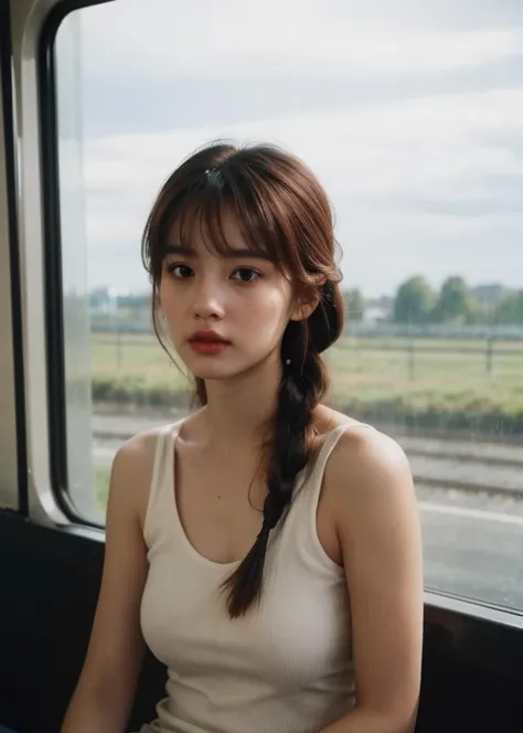 Water drops on window, heavy rain outside, Strong fluorescent light, sitting woman, 25 yo, (bangs hair:1.2),  (redhead hair,  twin braids hair:1.36),faint lips, cowboy shot, front view, wear a tank top , in the train, rural landscape, window, on seat, her peaceful expression and gentle breathing create a calming atmosphere,, natural skin texture, hyperrealism, hdr, hyperdetailed, RAW photo, photorealistic, best quality, highres, realistic, 8k, caustics, dynamic light, beautiful and delicate lips, delicate fingers, detailed pupil, real human skin,