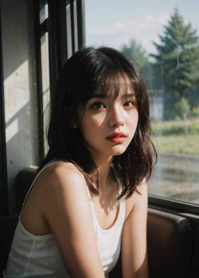 (Polaroid photos, photos that look like they were taken with a Polaroid camera:1.1), Water drops on window, heavy rain outside, Strong fluorescent light, sitting woman, 25 yo, (bangs hair:1.2), (high chroma hair, layered hair:1.36),faint lips, cowboy shot, front view, wear a tank top , in the train, rural landscape, window, on seat, natural skin texture, hyperrealism, hdr, hyperdetailed, RAW photo, photorealistic, best quality, highres, realistic, 8k, caustics, dynamic light, beautiful and delicate lips, delicate fingers, detailed pupil, real human skin,