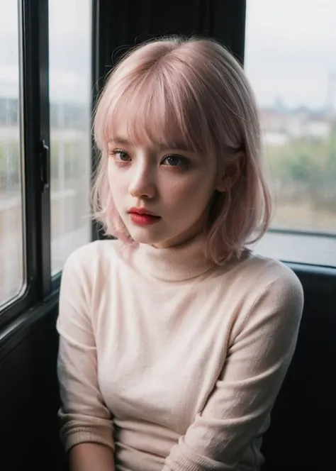 Water drops on window, heavy rain outside, Strong fluorescent light, sitting woman, 25 yo, (bangs hair:1.2), (baby pink hair, layered hair:1.36),faint lips, cowboy shot, front view, wear a turtleneck , in the train, rural landscape, window, on seat, her peaceful expression and gentle breathing create a calming atmosphere,, natural skin texture, hyperrealism, hdr, hyperdetailed, RAW photo, photorealistic, best quality, highres, realistic, 8k, caustics, dynamic light, beautiful and delicate lips, delicate fingers, detailed pupil, real human skin,