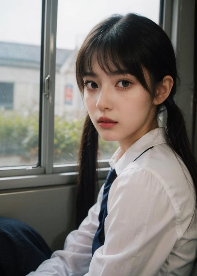 (Polaroid photos, photos that look like they were taken with a Polaroid camera:1.1), Water drops on window, heavy rain outside, Strong fluorescent light, sitting woman, 25 yo, (bangs hair:1.2), (eye strain hair, twintails hair:1.36),faint lips, cowboy shot, front view, wear a school uniform , in the train, rural landscape, window, on seat, natural skin texture, hyperrealism, hdr, hyperdetailed, RAW photo, photorealistic, best quality, highres, realistic, 8k, caustics, dynamic light, beautiful and delicate lips, delicate fingers, detailed pupil, real human skin,