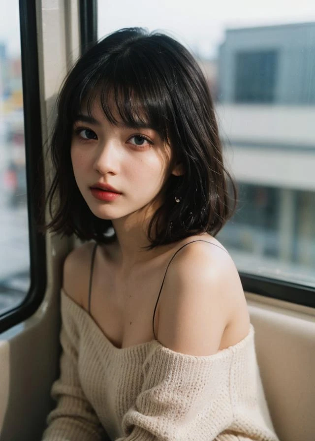 (Polaroid photos, photos that look like they were taken with a Polaroid camera:1.1), Water drops on window, heavy rain outside, Strong fluorescent light, sitting woman, 25 yo, (bangs hair:1.2), (eye strain hair, hair flaps hair:1.36),faint lips, cowboy shot, front view, wear a off-shoulder sweater , in the train, rural landscape, window, on seat, natural skin texture, hyperrealism, hdr, hyperdetailed, RAW photo, photorealistic, best quality, highres, realistic, 8k, caustics, dynamic light, beautiful and delicate lips, delicate fingers, detailed pupil, real human skin,