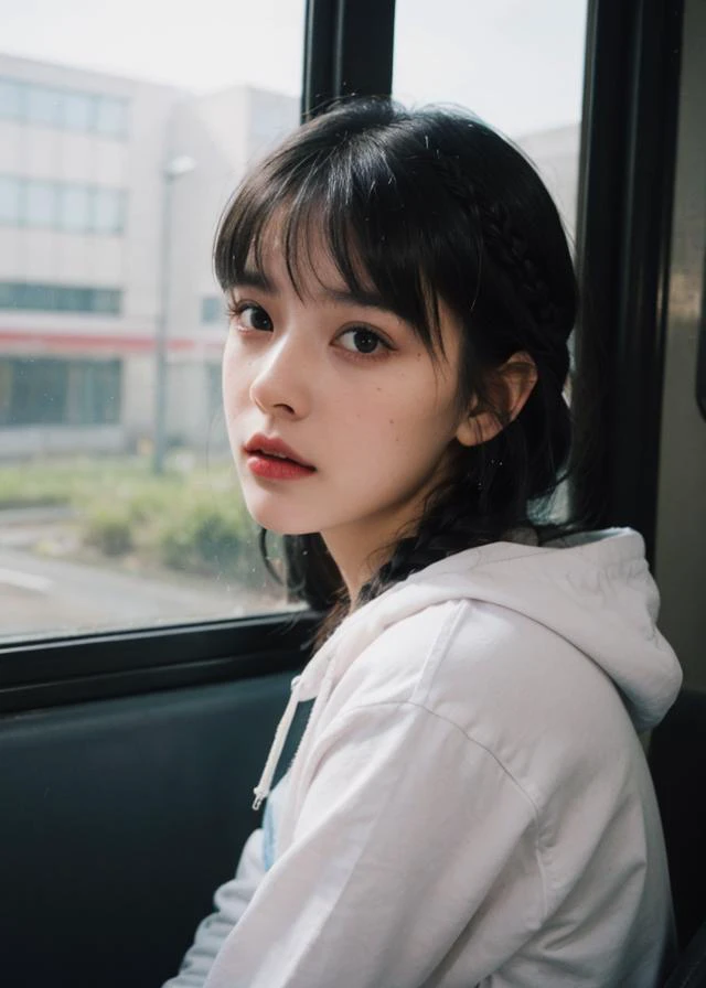 (Polaroid photos, photos that look like they were taken with a Polaroid camera:1.1), Water drops on window, heavy rain outside, Strong fluorescent light, sitting woman, 25 yo, (bangs hair:1.2), (light blue hair, braid bunches hair:1.36),faint lips, cowboy shot, front view, wear a hoodie , in the train, rural landscape, window, on seat, natural skin texture, hyperrealism, hdr, hyperdetailed, RAW photo, photorealistic, best quality, highres, realistic, 8k, caustics, dynamic light, beautiful and delicate lips, delicate fingers, detailed pupil, real human skin,